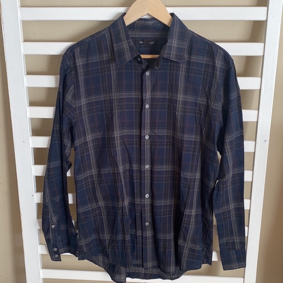 John Varvatos Men’s Luxury Designer Navy Plaid Button Down Shirt - Size M - Picture 1 of 11